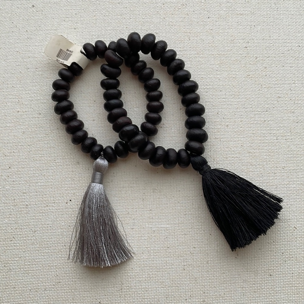 Set of 2- Wooden Beaded Elastic Bracelet w/ Tassels